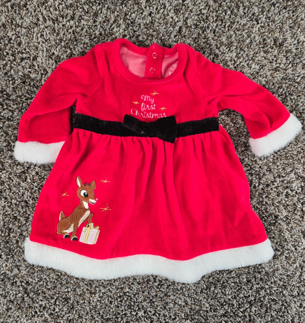 My First Christmas Baby Girls Sz 12M Red Velvet Dress Rudolph Reindeer Red